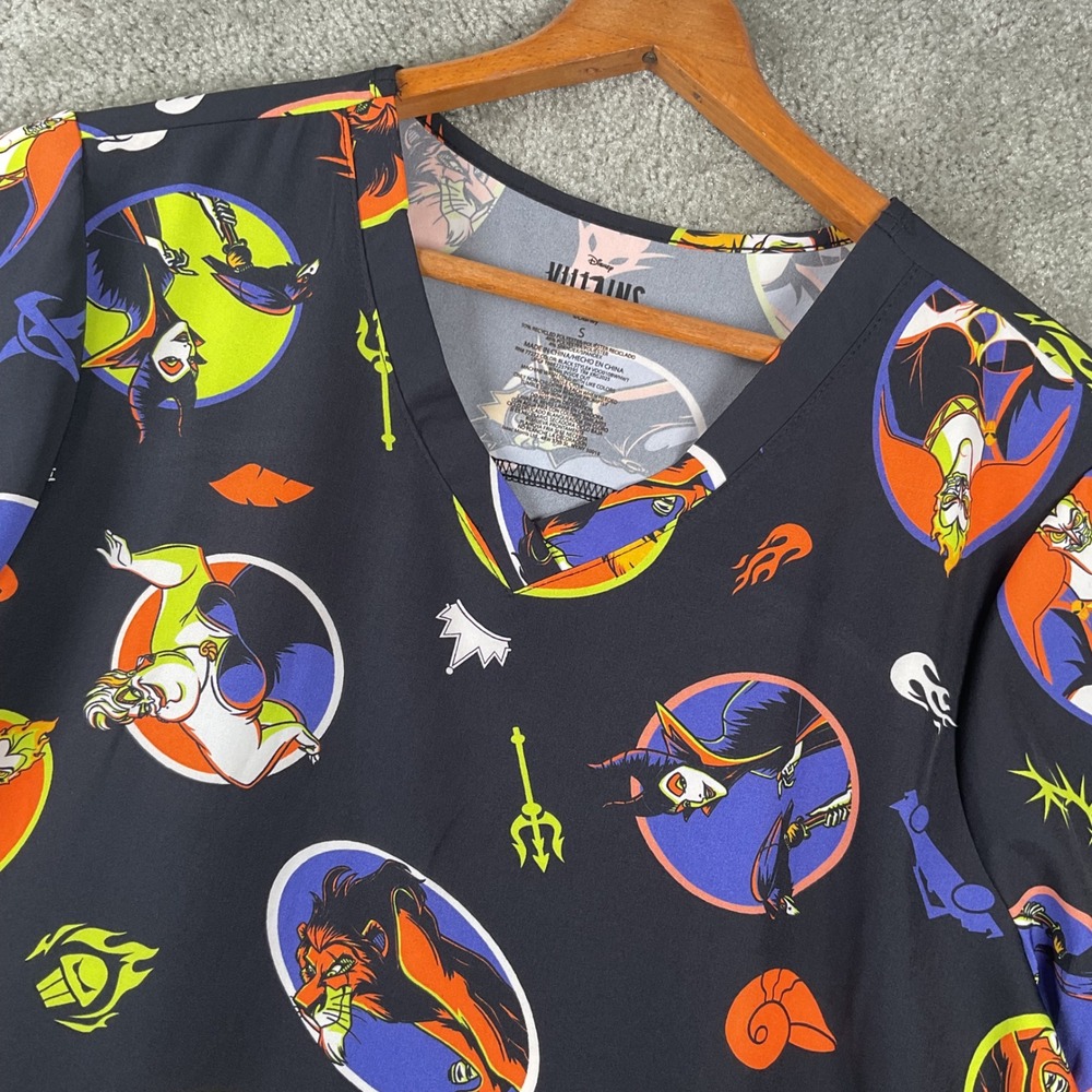 Disney Villains Scrub Top Womens Small Black V-Neck Maleficent Ursula Scar Hades
